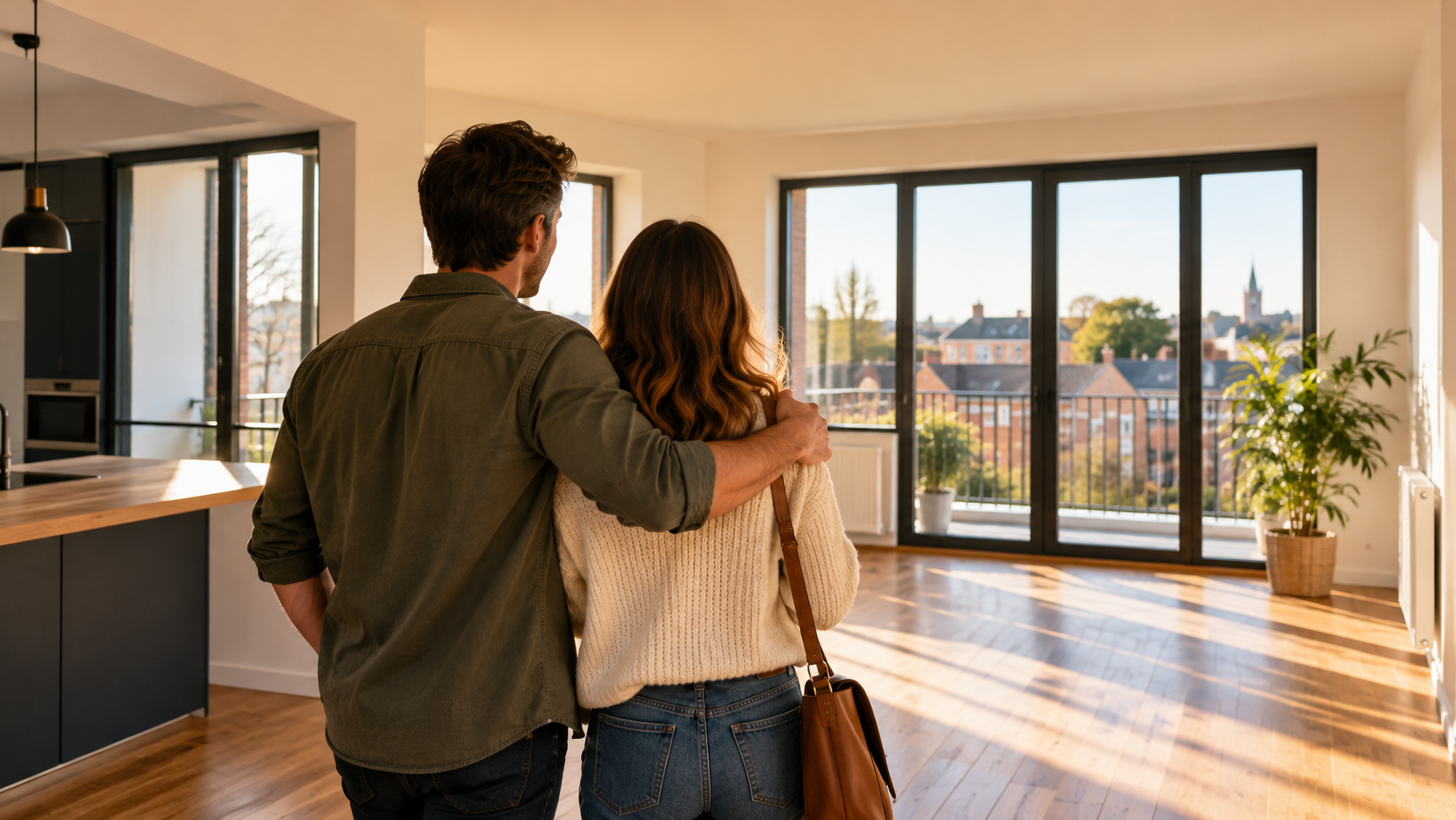 Couple visitant un appartement lumineux avec balcon, dans le cadre d'un projet d'achat immobilier.